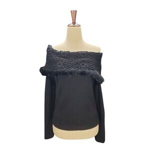 Vintage Cabo Euro Crochet Fur Cowl Neck Off-Shoulder Black Sweater - Small